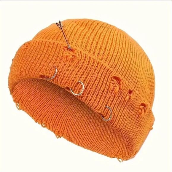 Orange Knit Beanie with Metal Accents - Picture 1 of 3